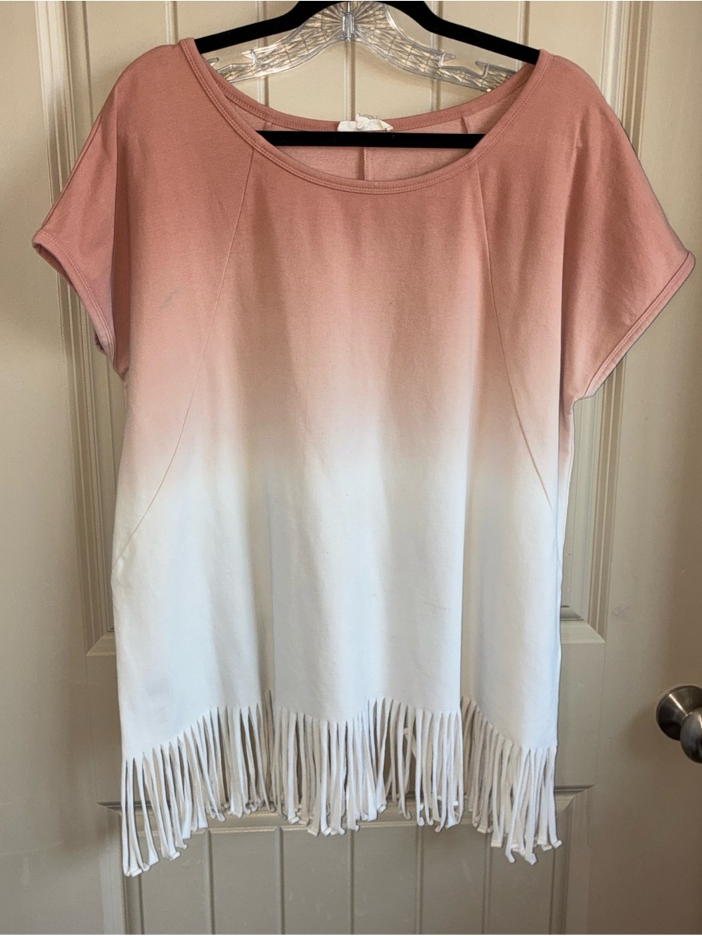 Women's Pink to White Ombre Fringe Tunic Top